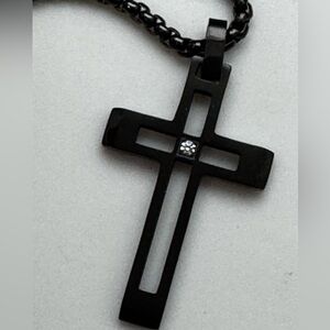 New Black Stainless steel Cross Pendant Necklace with cz accent